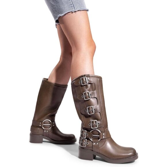 ⚡Women's Tan Polyurethane Knee High Riding Side Zipper Chunky Heel Boots - Picture 7 of 7